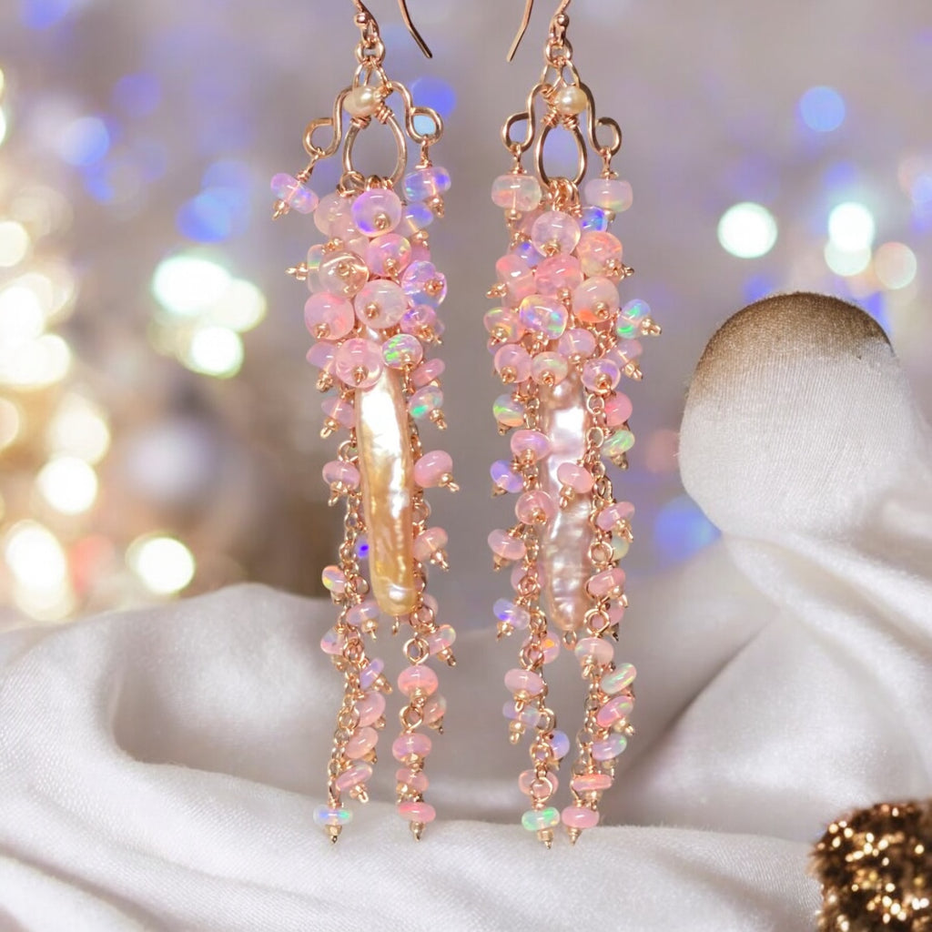 Blush Biwa Pearl Earrings Long Baby Pink Opal Clusters Rose Gold 2