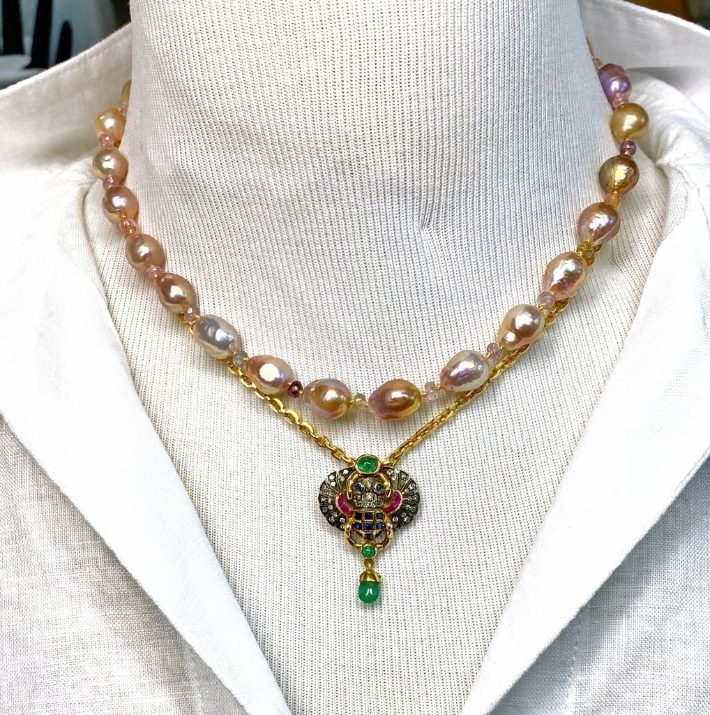 Baroque Metallic Pearl Necklace with Spinel Gemstones, Silk Knotted, Gold Fill