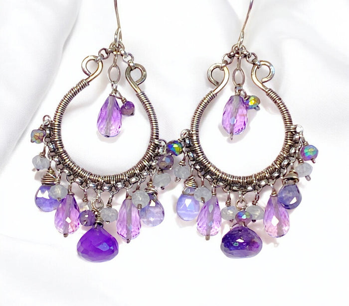 Blue Violet Oxidized Silver Hoop Chandelier Earrings Iolite, Lavender, Purple Amethyst