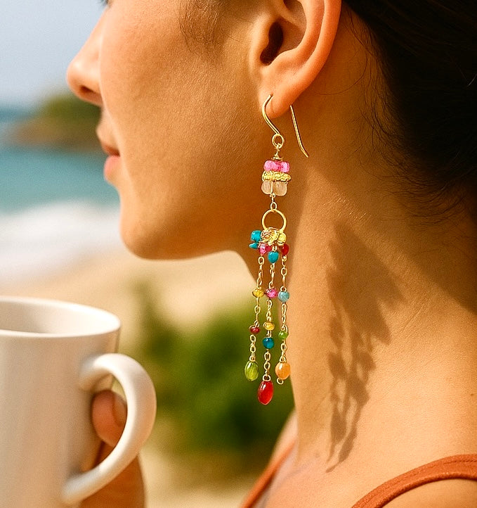 Multi Gemstone Gold Fill Long Dangle Earrings with Peridot, Citrine, Rubellite