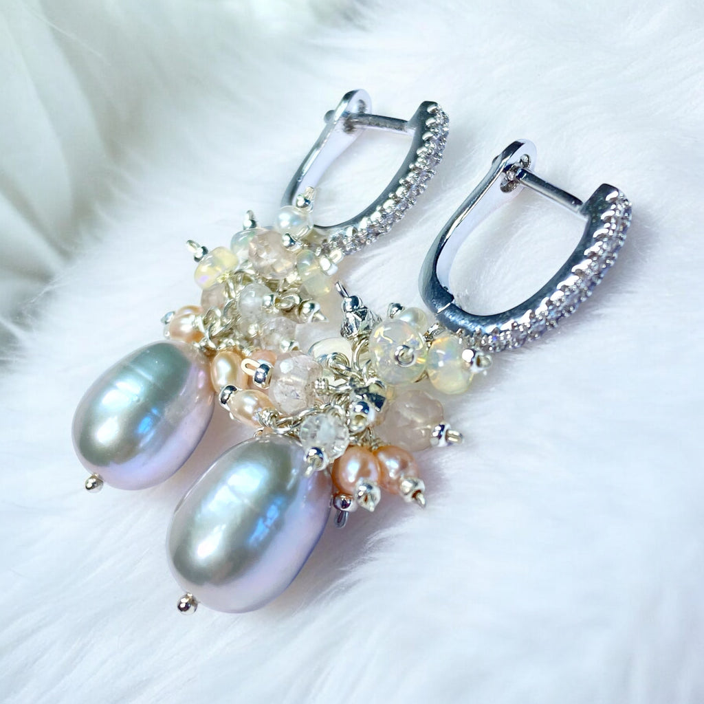 Silver Gray Pearl Earrings with Opal Clusters Sterling Silver