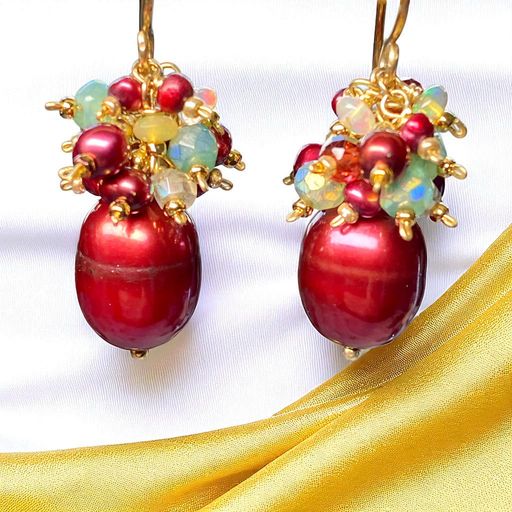 Red Pearl Gemstone Cluster Earrings, Gold Fill