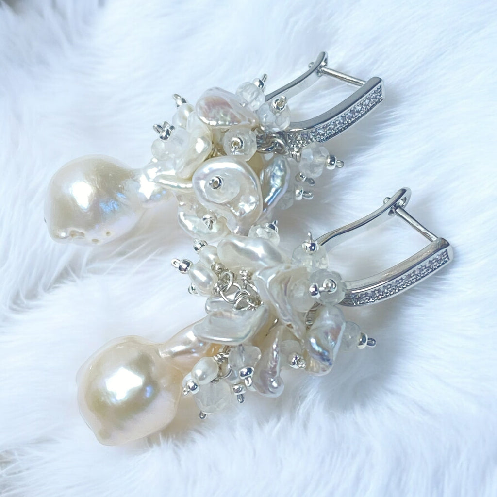 Baroque Flameball Pearl and Moonstone Cluster Bridal Earrings