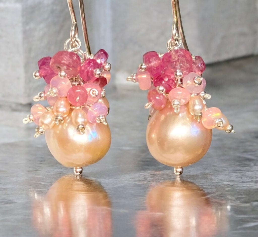 Pink Pearl Earrings with Pink Sapphire and Opal Clusters