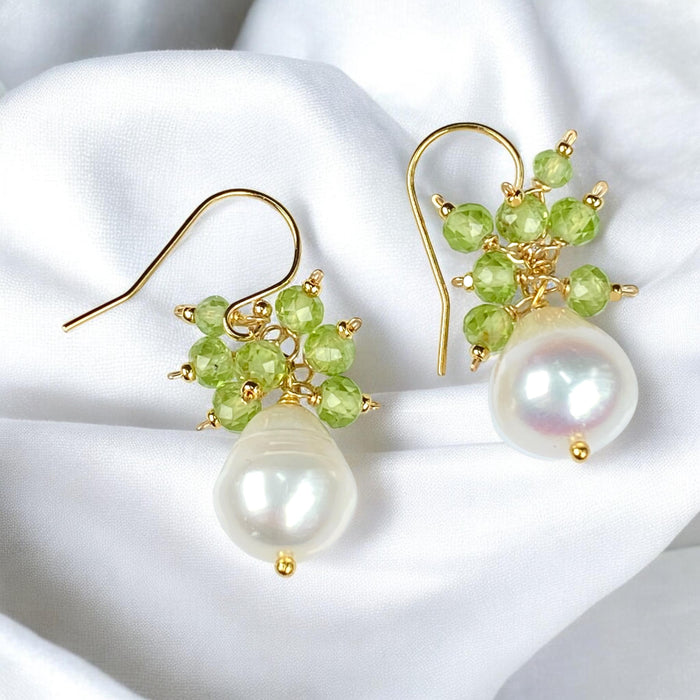 Peridot and Pearl Cluster Earrings, Silver or Gold Fill, 14k Gold Fill - Doolittle