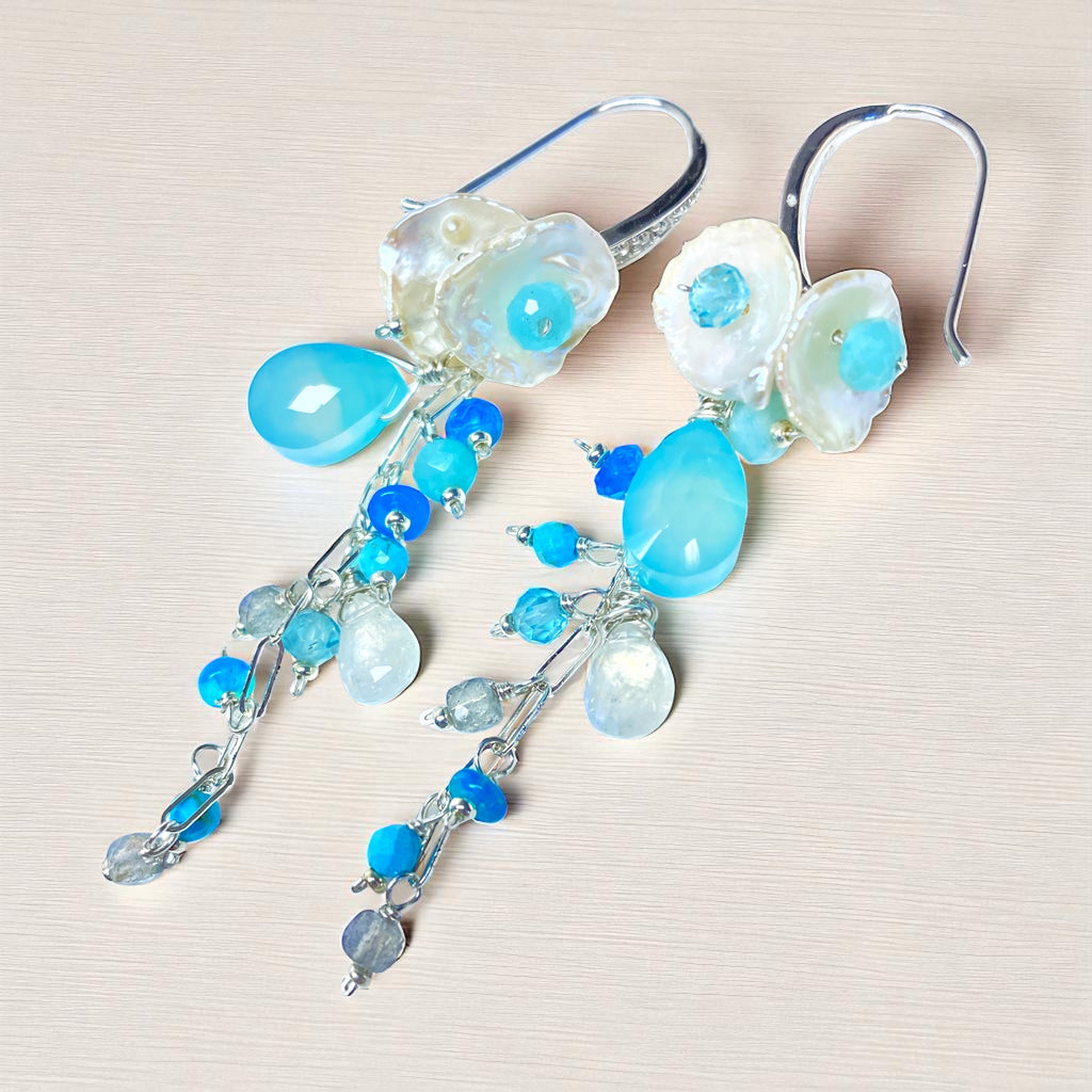Aqua Chalcedony, White Keishi Pearl, Sterling Silver Long Dangle Earrings