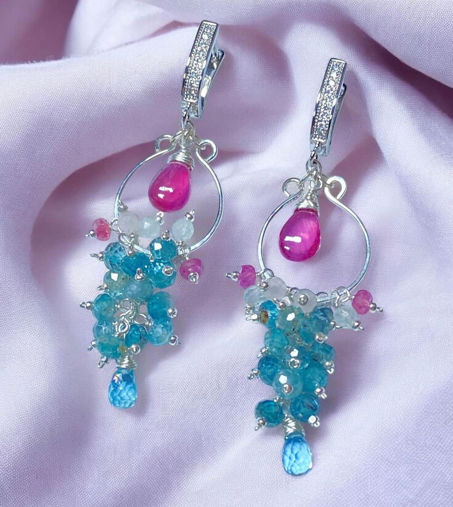 Blue Aquamarine, Natural Blue Zircon, Pink Sapphire Chandelier Hoop Earrings Sterling Silver - Doolittle