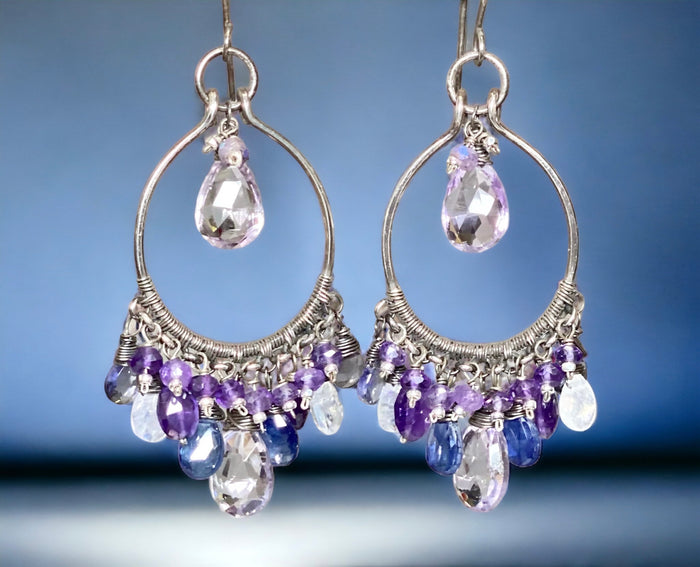 Blue Purple Gemstone Chandelier Hoop Earrings Oxidized Silver