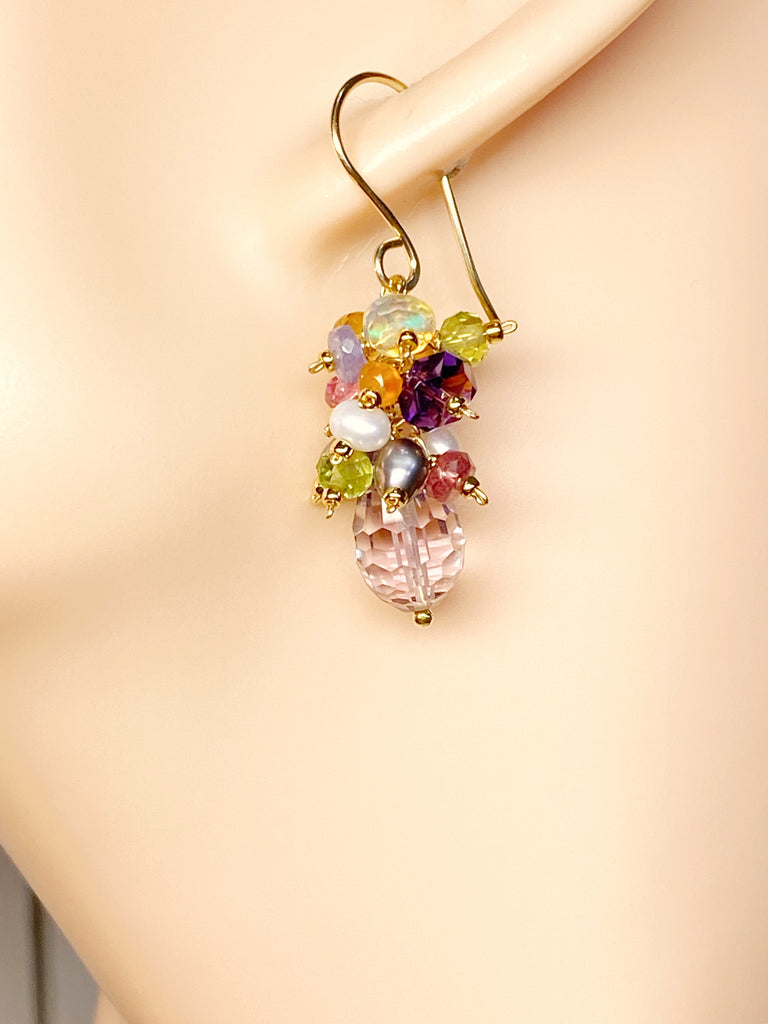 PInk Amethyst Multi Gemstone Cluster Dangle Earrings