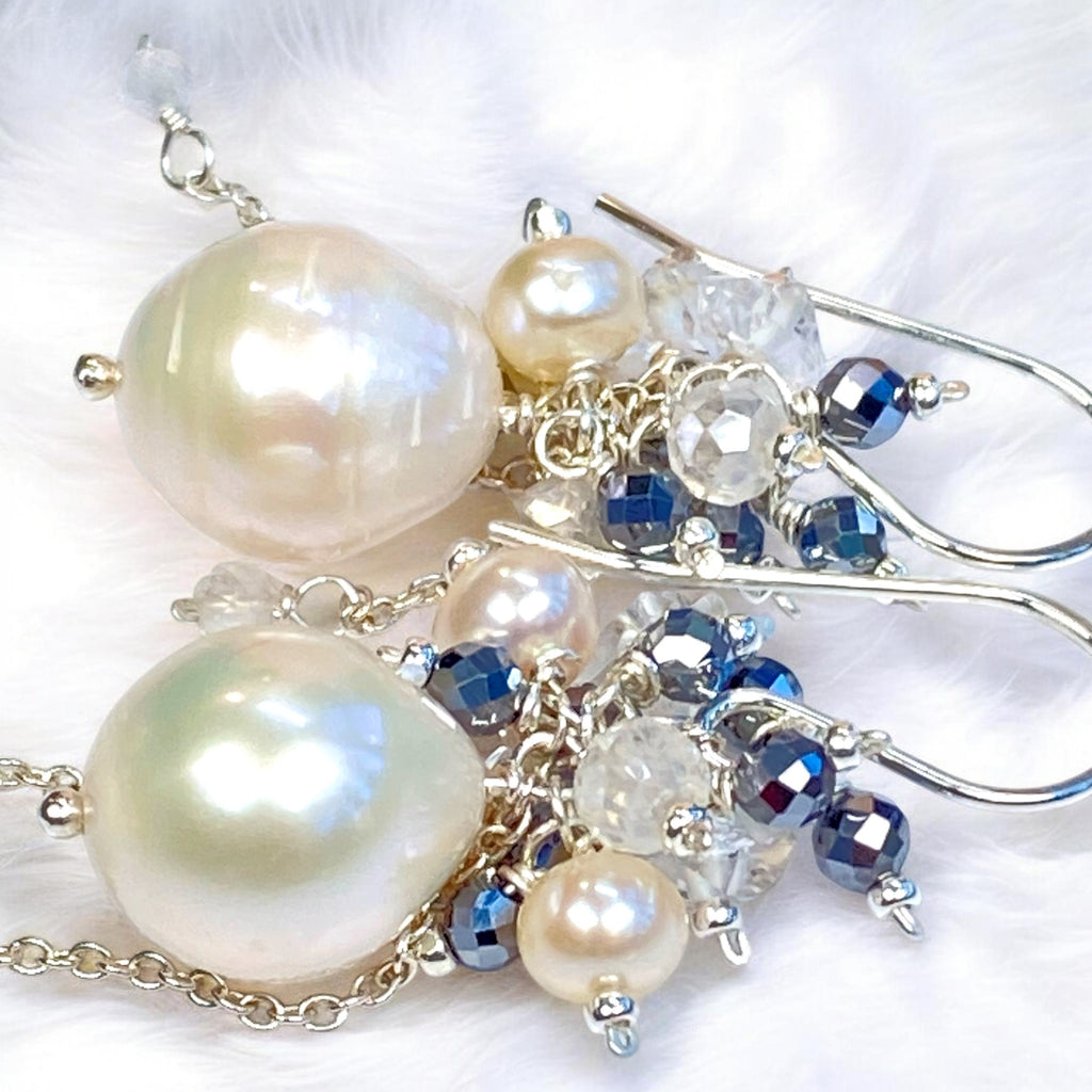 Ivory Pearl Cluster Earrings with Moonstone, Mystic Quartz & Herkimer Diamond