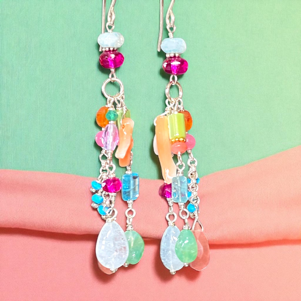 Multicolor Gemstone Dangle Earrings Sterling Silver - Aquamarine, Chrysoprase - Doolittle