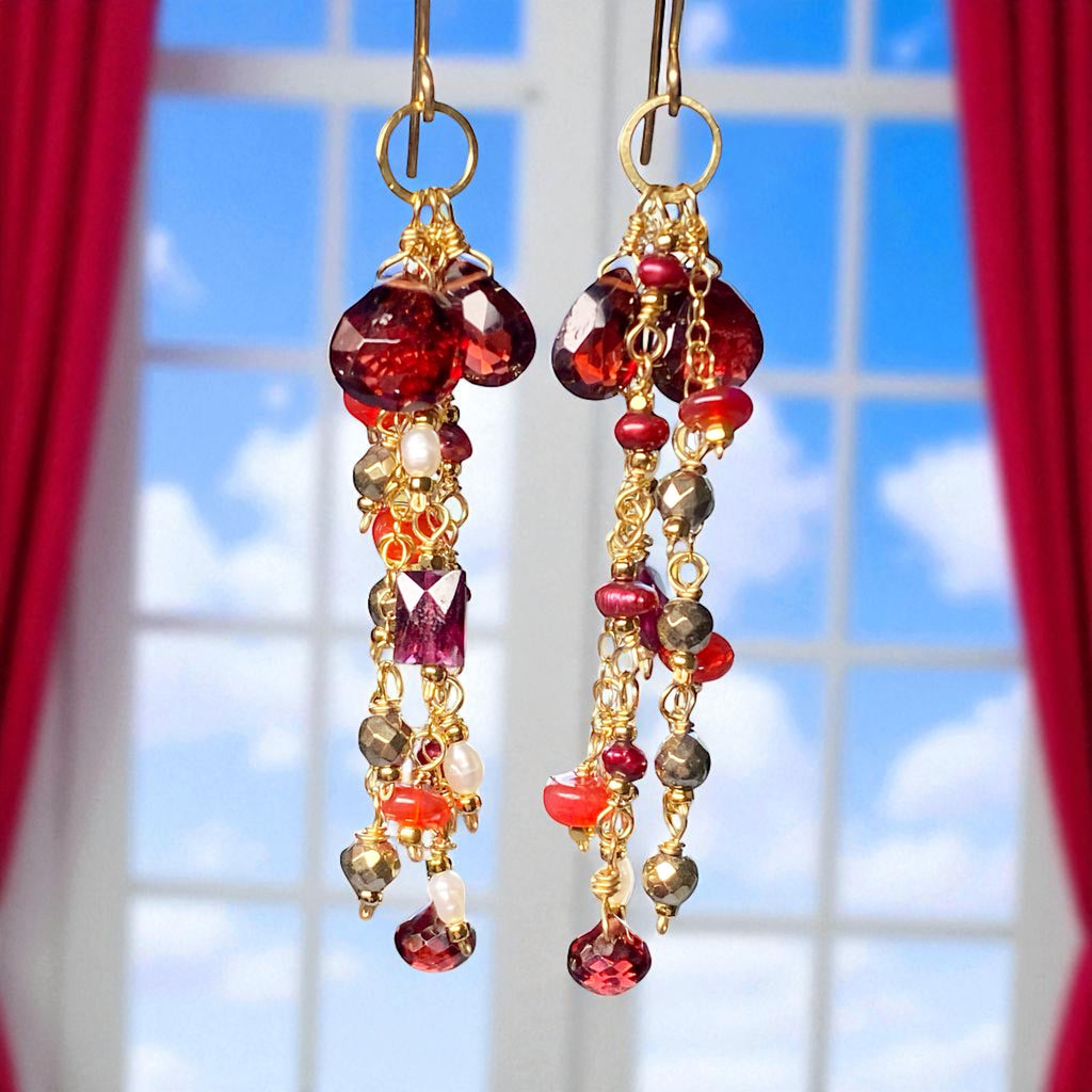 Garnet Dangle Earrings 14 kt Gold Fill with Red Pearls