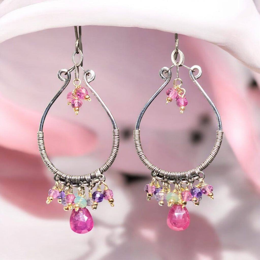 Oxidized Silver Hoop Chandelier Earrings, Pink Sapphire, Mixed Metals