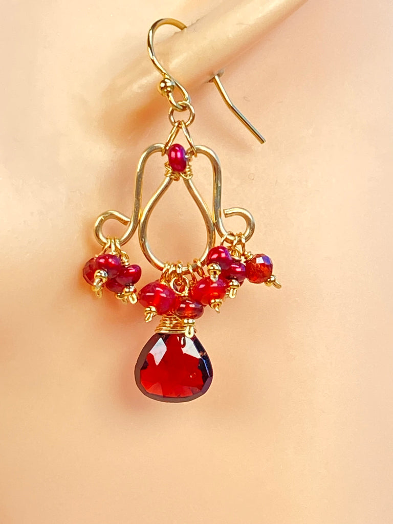 Red Garnet, Pearl & Opal Chandelier Earrings, 14k Gold Fill