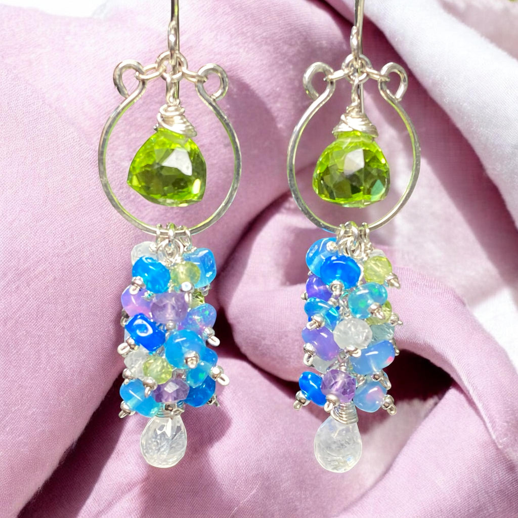 Bohemian multicolor opal and peridot chandelier hoop earrings in sterling silver, handmade statement jewelry