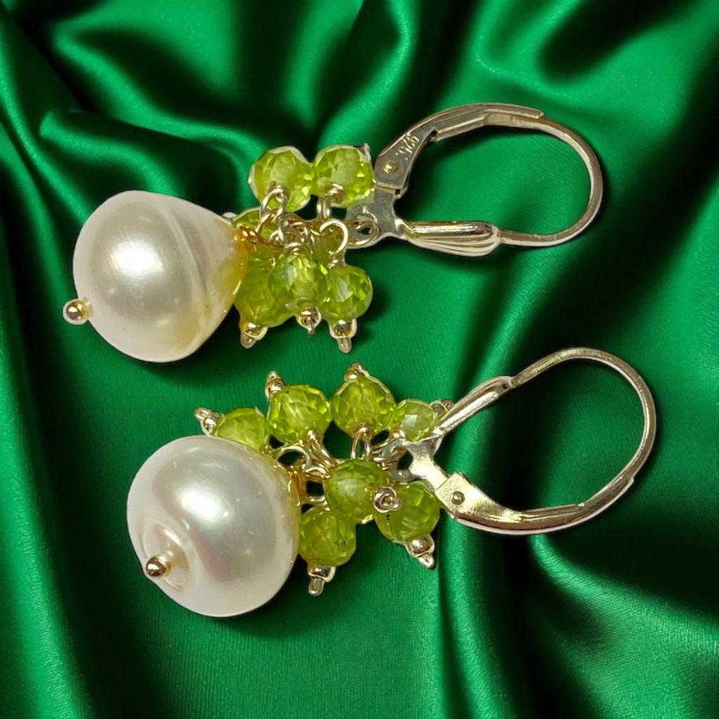 Peridot and Pearl Cluster Earrings, Sterling Silver