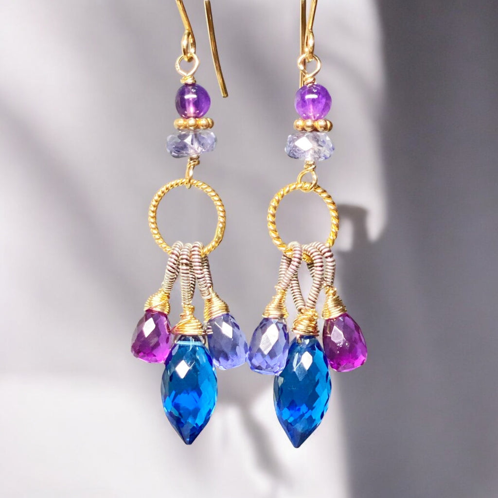 Blue, Purple Chandelier Earrings, Mixed Metals, Iolite, Amethyst, Quartz