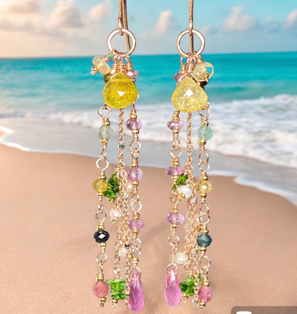 Canary Yellow Tourmaline Long Dangle Earrings Rose Gold Fill