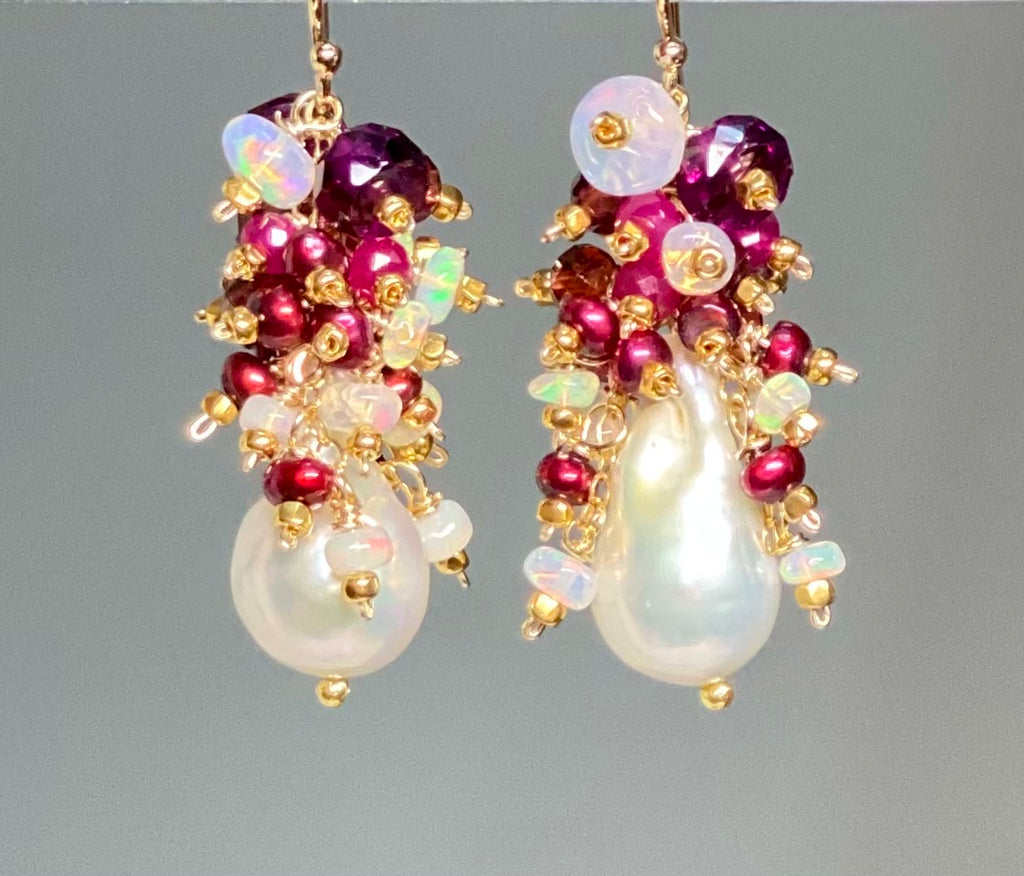 Baroque Pearl Earrings with Rubies, Garnets and Fiery AAA Ethiopian Opals 2