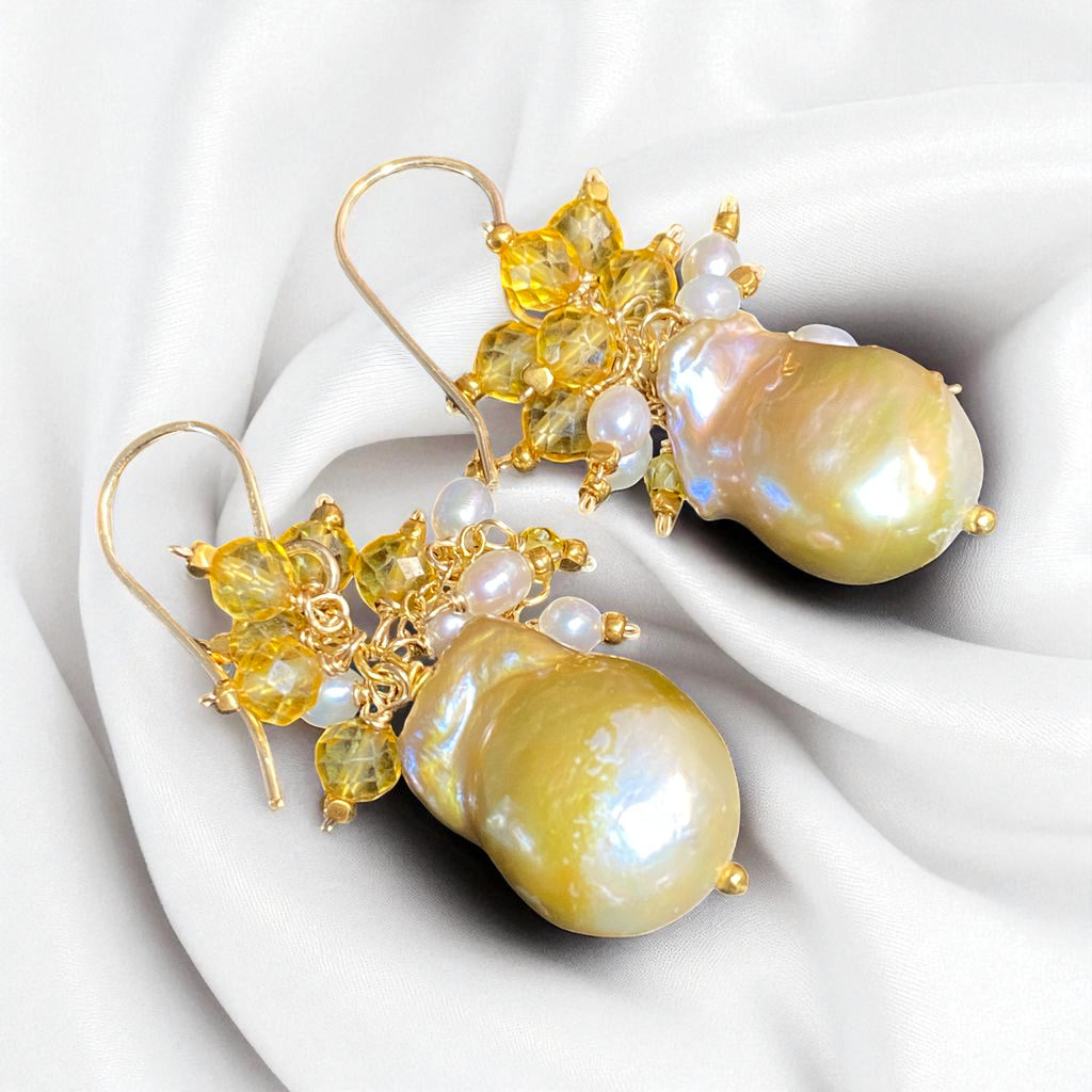 Citrine and Pond Slime Baroque Pearl Earrings Gold Fill