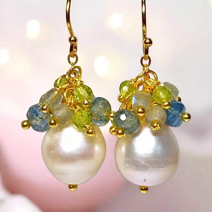 Pearl and Aquamarine, Labradorite, Peridot Cluster Earrings Gold Fill