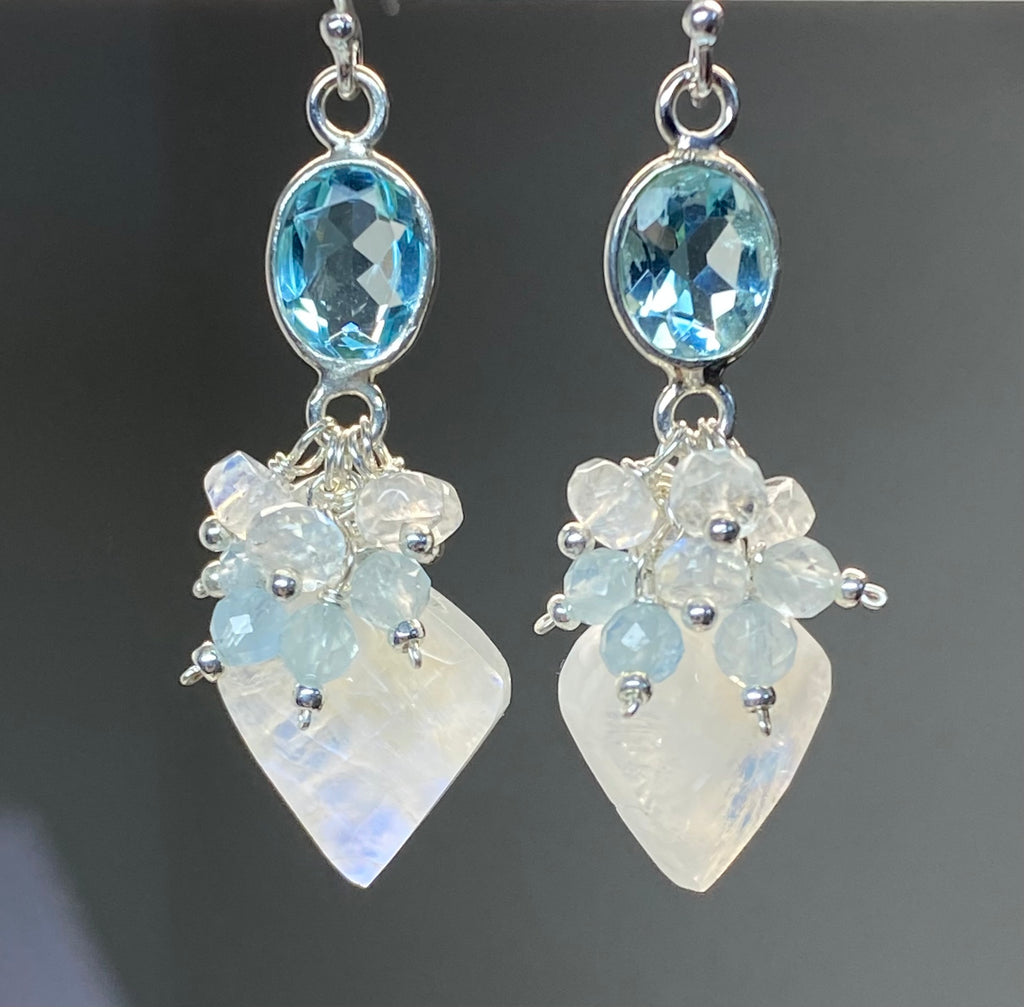 Rainbow Moonstone, Blue Topaz Cluster Dangle Earrings Sterling Silver