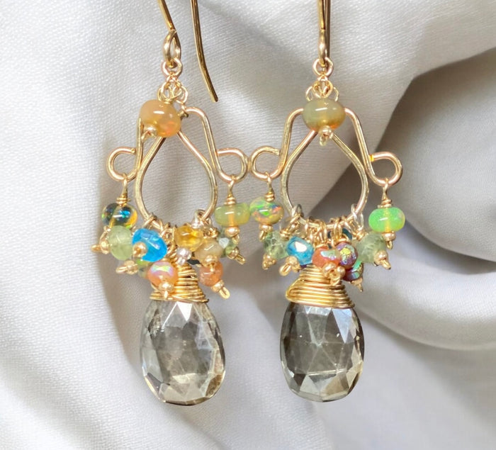 Mystic Smokey Quartz and Multicolor Gemstone Chandelier Earrings Gold Fill