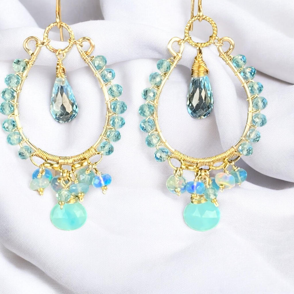 Blue Topaz and Opal Chandelier Hoop Earrings, Apatite, 14k Gold Fill
