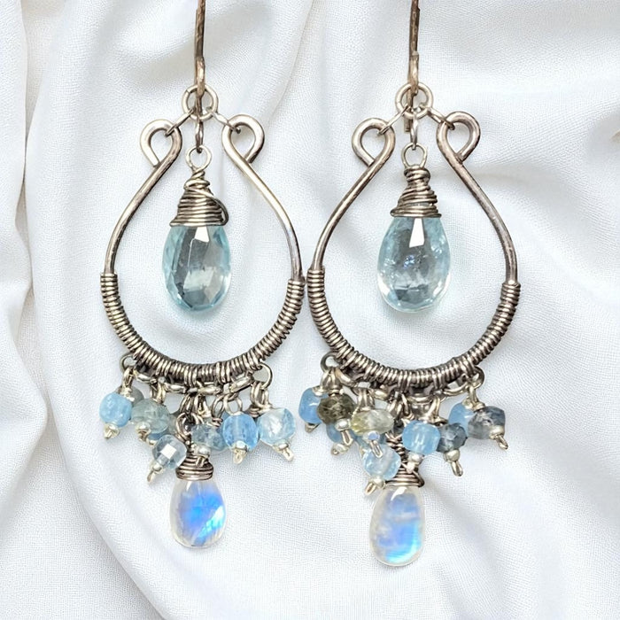 Aquamarine Oxidized Sterling Silver Hoop Chandelier Earrings