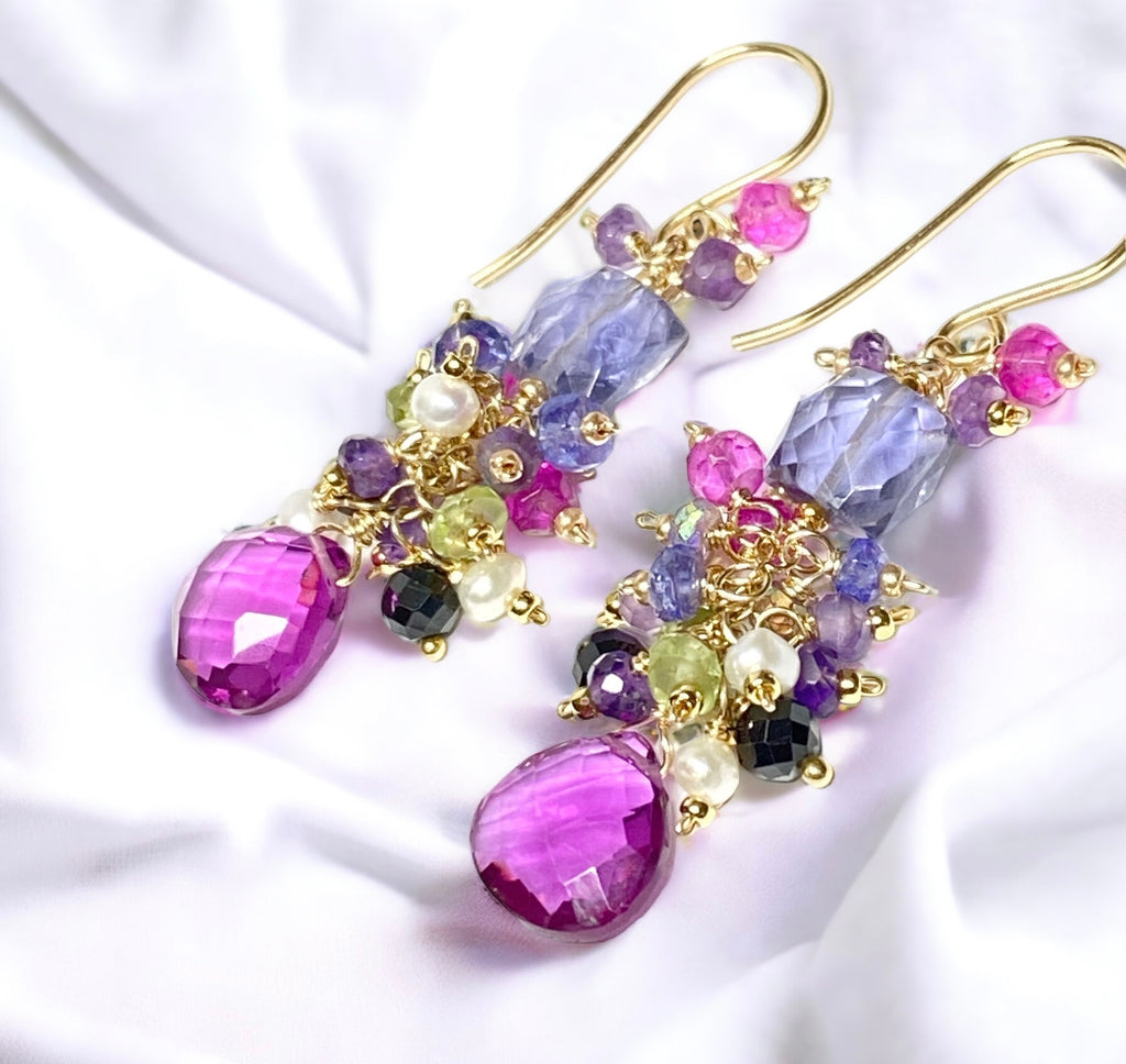 Blue Purple Violet Gem Dangle Earrings, Iolite, Amethyst Gold Fill