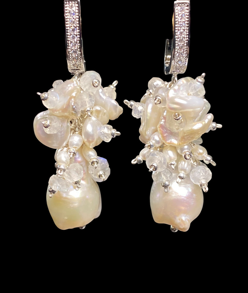 Baroque Flameball Pearl and Moonstone Cluster Bridal Earrings