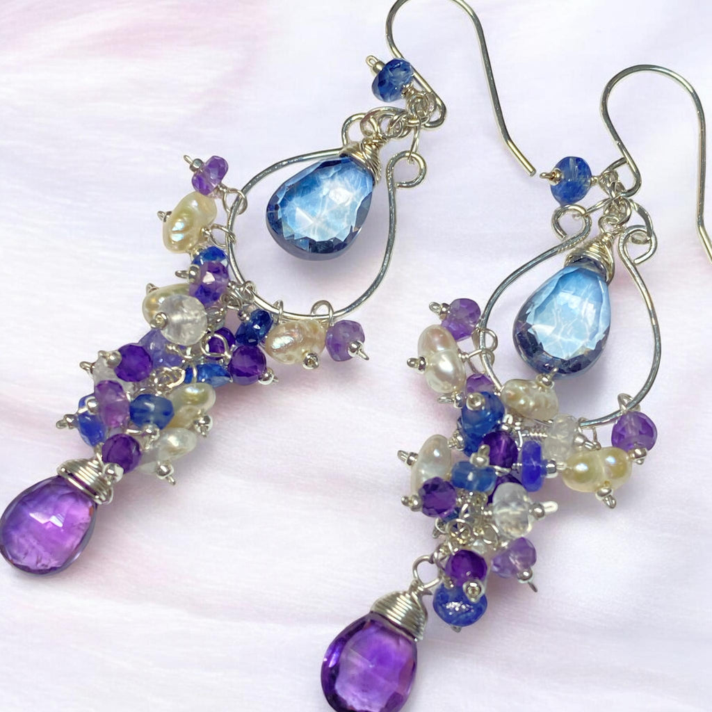 Blue Purple Gemstone Chandelier Hoop Earrings Sterling Silver — Tanzanite Amethyst Kyanite Moonstone - Doolittle