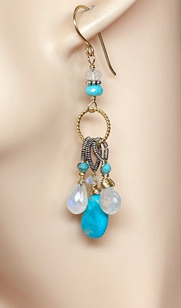 Kingman Turquoise, Rainbow Moonstone Dangle Earrings Mixed Metals, Handmade