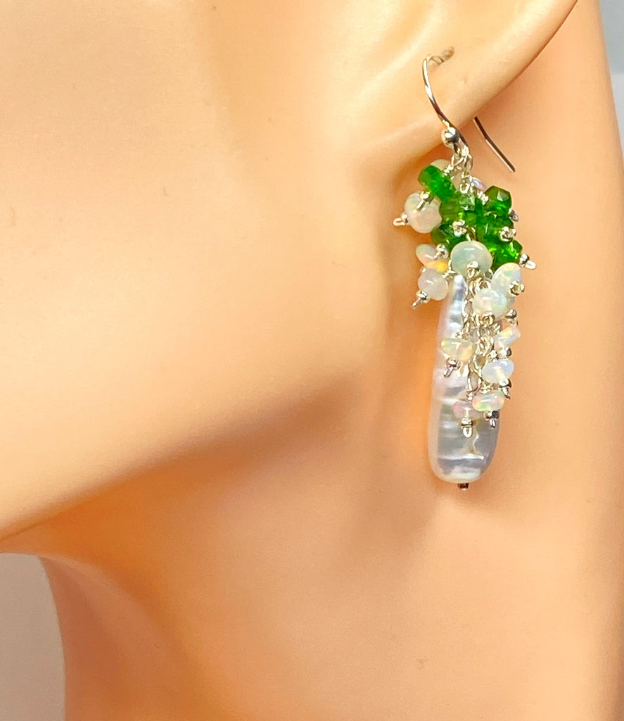 White Biwa Pearl with Chrome Diopside, Opal Clusters, Sterling Silver