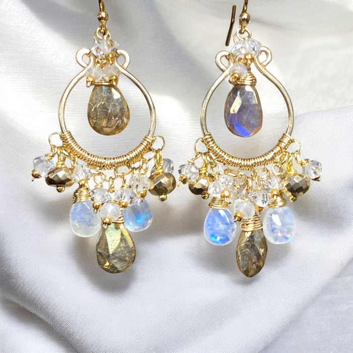 Rainbow Moonstone Gold Labradorite Chandelier Hoop Earrings Gold Fill