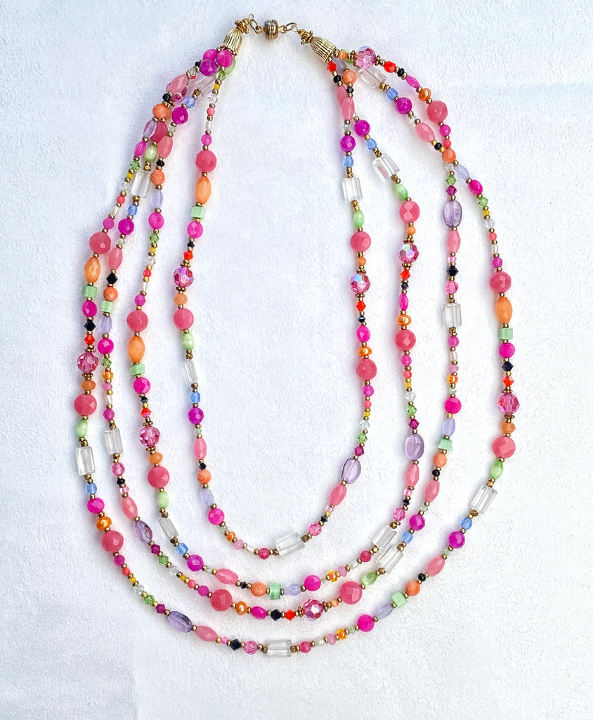 Summer Pink, Lavender Gemstone and Crystal Multi Strand Necklace