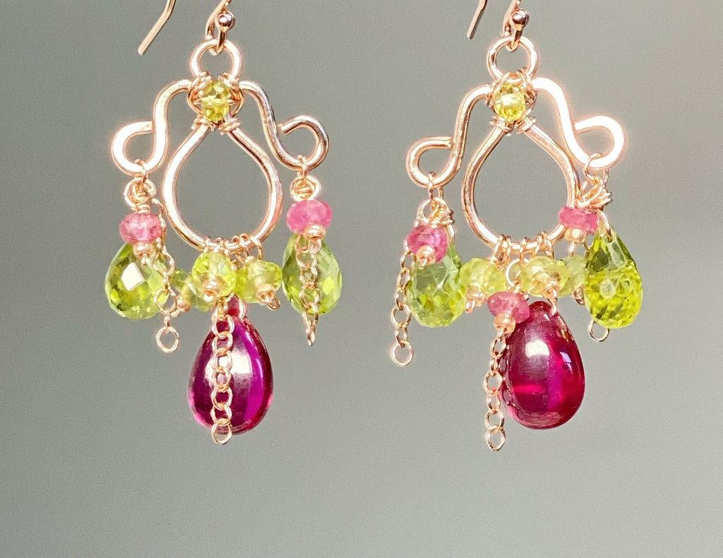 Rubellite and Peridot Rose Gold Chandelier Earrings - Pink and Green