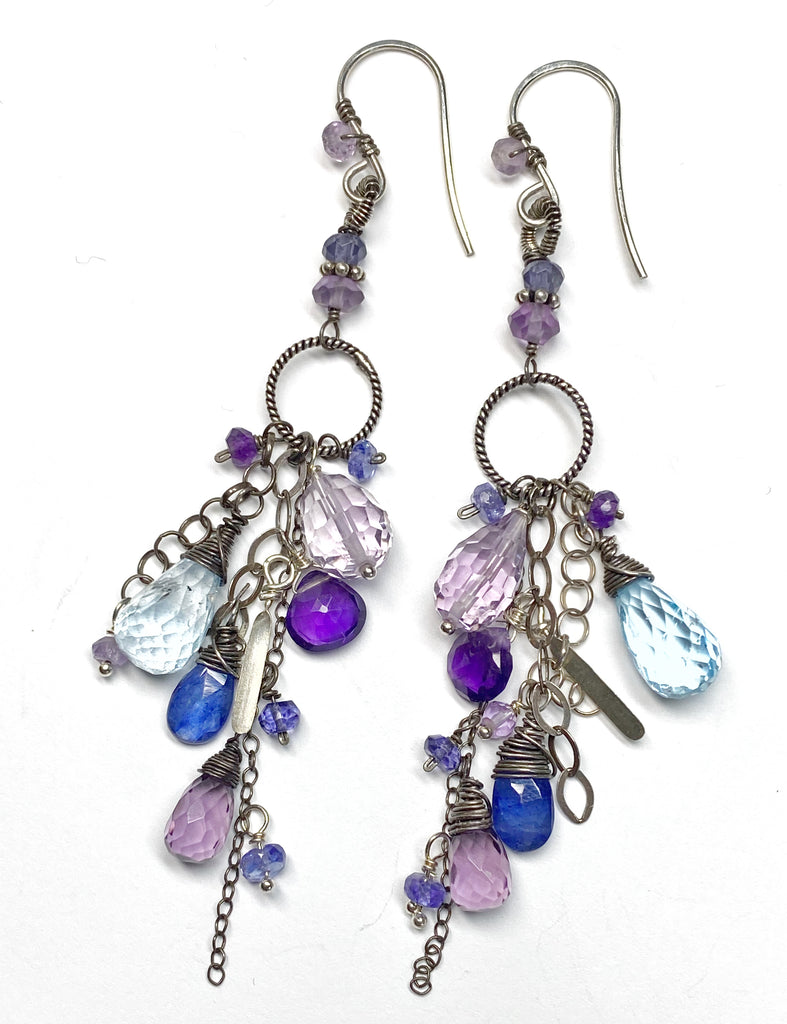 Blue Violet Boho Dangle Earrings Amethyst, Blue Topaz, Kyanite, Oxidized Sterling Silver