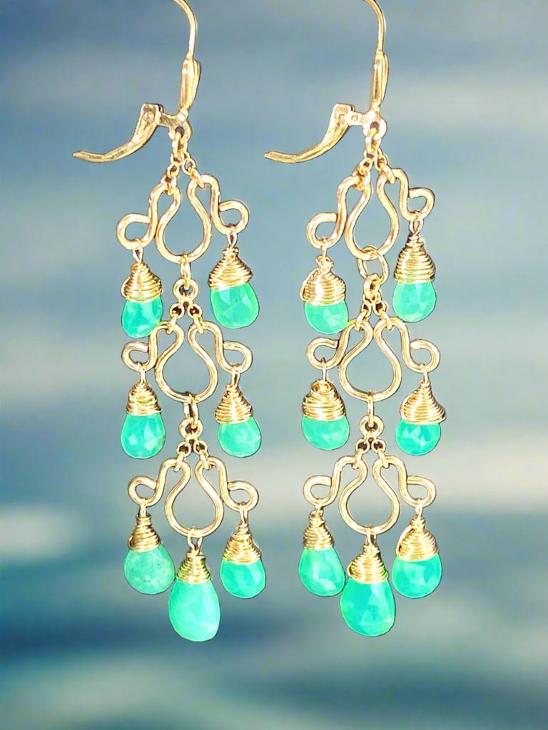 Green Chrysoprase Gemstone Long Gold Filled Chandelier Earrings