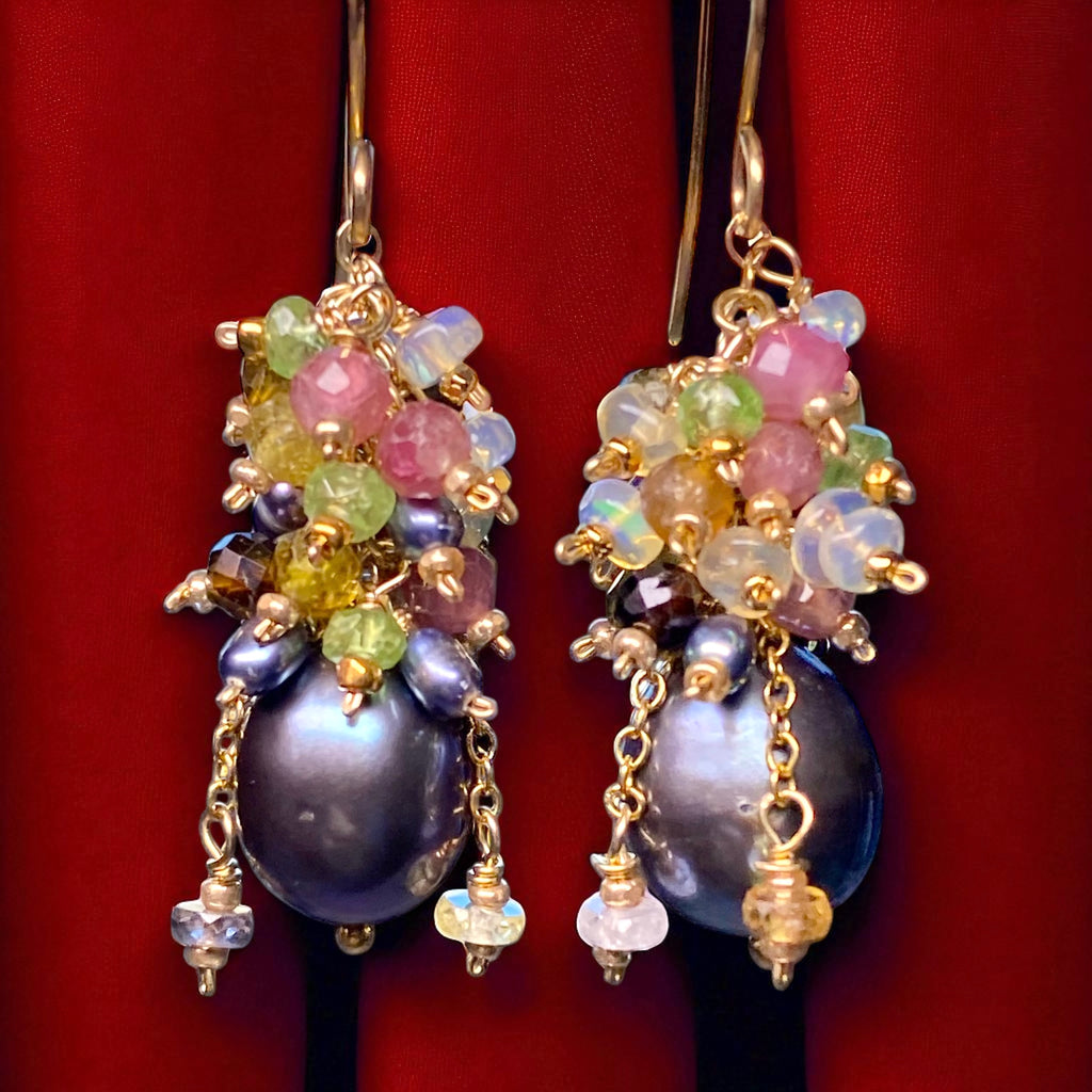 Tourmaline and Opal Cluster Earrings with Black Peacock Pearls