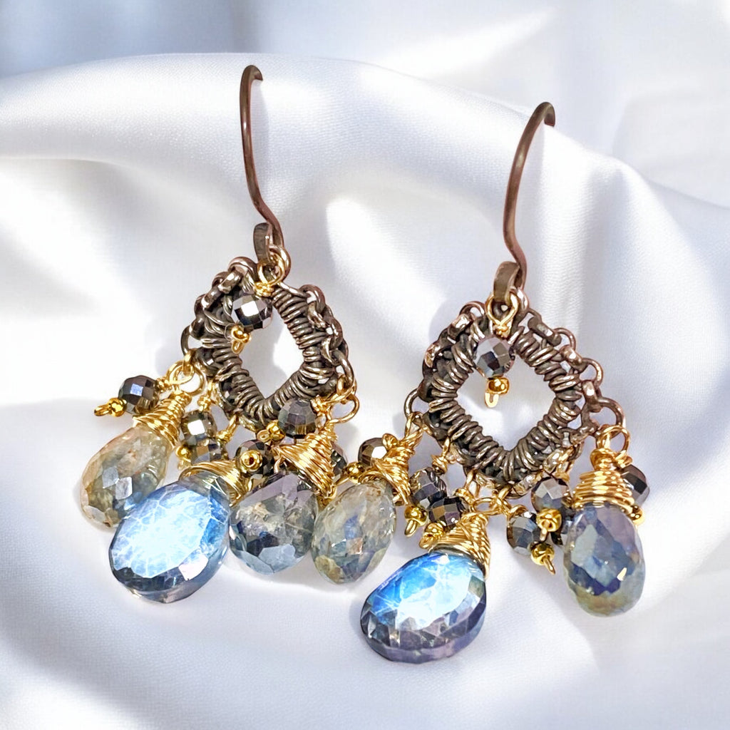 Mystic Blue Quartz Mixed Metal Chandelier Earrings