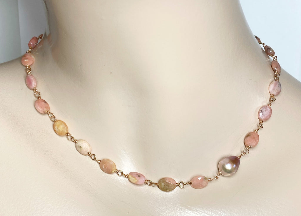 Pink Peruvian Opal, Pearl and Rose Gold Wire Wrapped Necklace