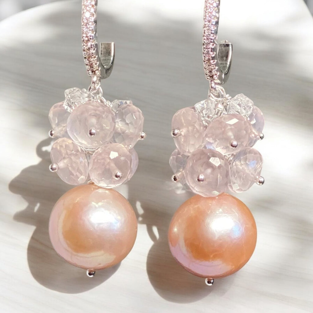 Round Pink Pearl Earrings with Rose Quartz Clusters