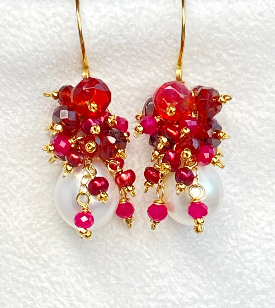 Red Ruby, Opal, Garnet and Ivory Pearl Earrings Gold Fill