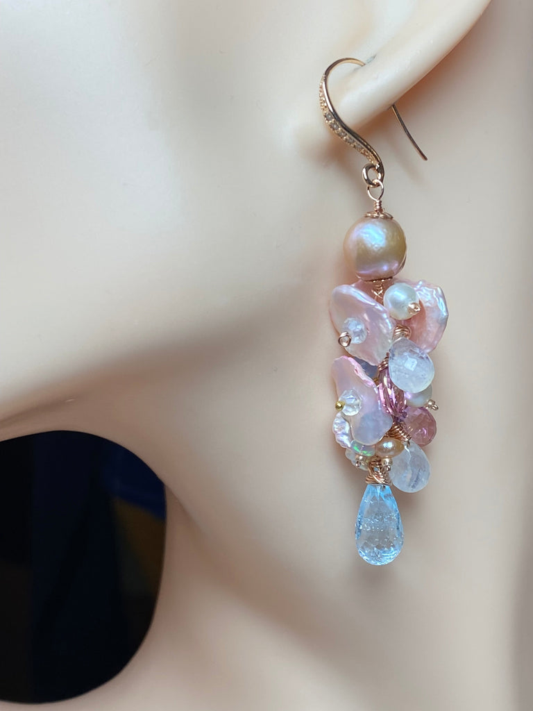 Blush Keishi Pearl Pink Topaz Pink Pearl Rose Gold Long Dangle Bridal Earrings - Doolittle