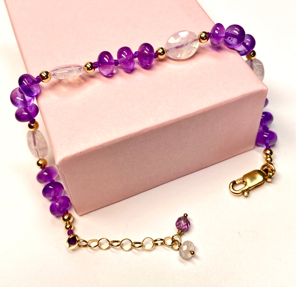 Amethyst and Rainbow Moonstone Silk Knot Bracelet Gold Fill