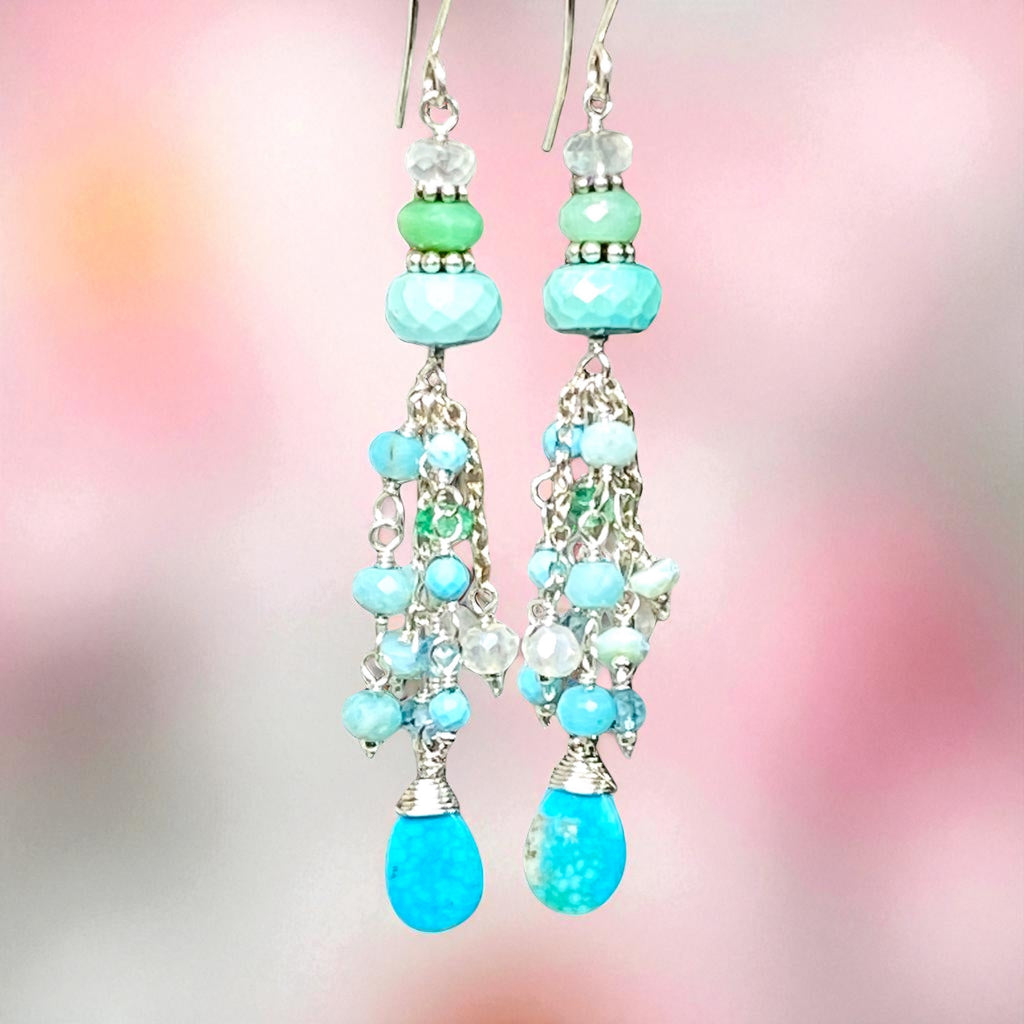 Multi Gemstone Gem Dangle Earrings, Tassel Style, Turquoise, Chrysoprase, Sterling Silver