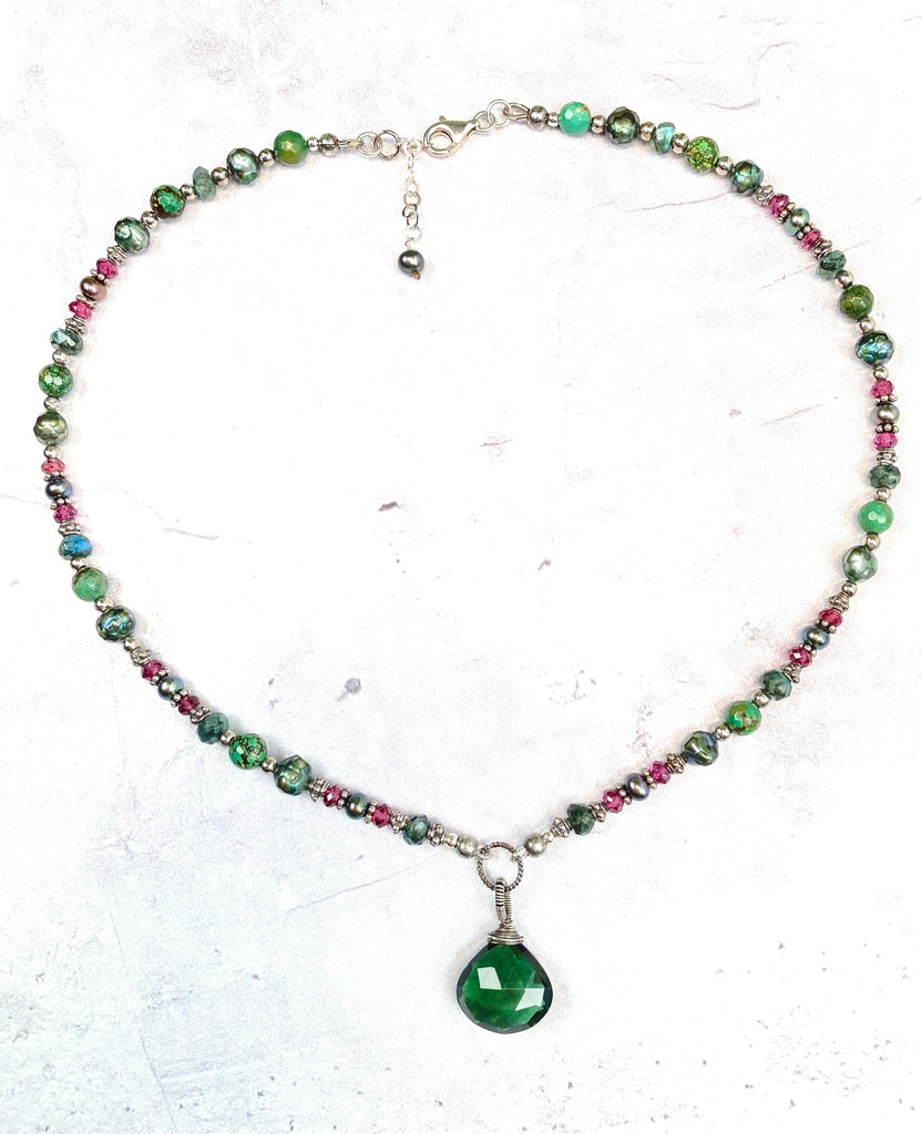 Green Quartz Pendant Necklace: Garnet, Turquoise, Pearl, Moonstone Sterling Silver