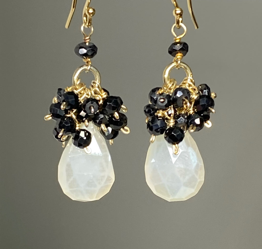 Mystic Ivory Chalcedony, Black Spinel Cluster Earrings Gold Fill