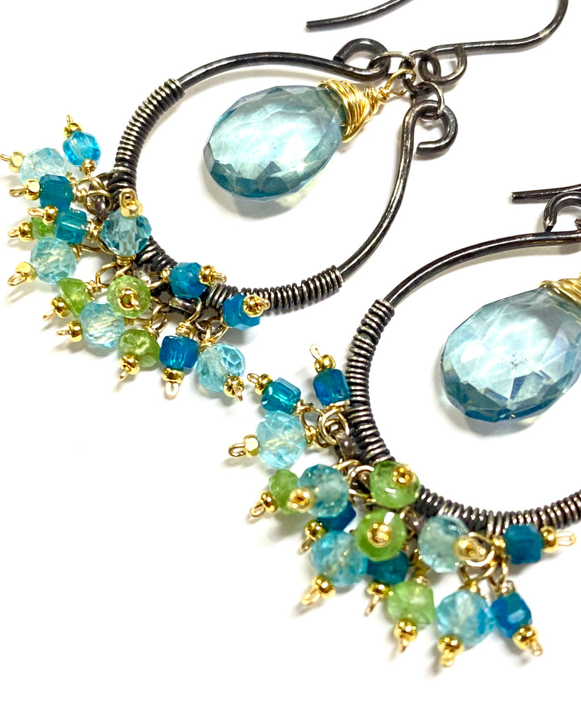 Aqua Apatite Oxidized Sterling Silver Hoop Chandelier Earrings